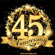 Shimmering '45 Anniversary' in gold, encased in a radiant confetti circle with a golden ribbon accent at the bottom.