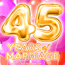 Bright '45 Years of Marriage' in shiny Bright letters, surrounded by colorful balloons on a cheerful and celebratory pink background.