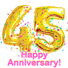 Sparkling gold balloons forming the number 45 with a burst of multicolored confetti and vibrant pink 'Happy Anniversary' text.