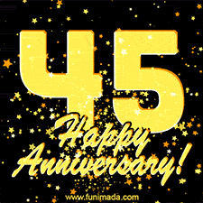 Large yellow '45' surrounded by shimmering gold stars and the celebratory message 'Happy Anniversary!' below in cursive.