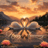 Two graceful white swans float on a calm lake, their curved necks forming a perfect heart shape under a glowing golden sunset with pink water lilies in the foreground.