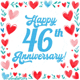Animated 'Happy 46th Anniversary!' message in large blue text surrounded by a hand-drawn border of red, pink, and blue hearts on a white background.