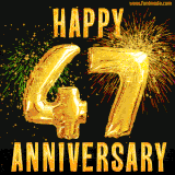 Bright golden balloons shaped like '47' with dazzling fireworks and 'Happy Anniversary' text shining on a black background.