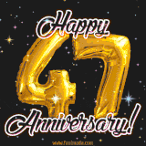 47' in golden balloon numbers and 'Happy Anniversary!' written in bold cursive, set on a shimmering starry black background.