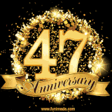 Shimmering '47 Anniversary' in gold, encased in a radiant confetti circle with a golden ribbon accent at the bottom.