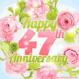 A gorgeous floral-themed 'Happy 47th Anniversary' with pink roses and green blossoms, surrounded by soft pastel accents, bringing elegance and joy.