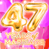 Bright '47 Years of Marriage' in shiny Bright letters, surrounded by colorful balloons on a cheerful and celebratory pink background.