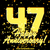 Large yellow '47' surrounded by shimmering gold stars and the celebratory message 'Happy Anniversary!' below in cursive.