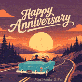 A vintage teal convertible with a LOVE license plate drives down a winding highway toward a massive glowing sun setting behind peaceful mountains and a lake.