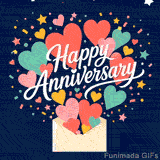 Festive anniversary graphic showing a paper envelope bursting with bright multi-colored paper hearts and square confetti below a flowing white script message.
