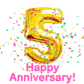 Happy Anniversary! Gold Number 5 Balloon and Confetti GIF.