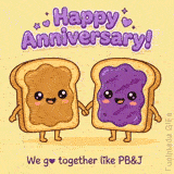 Two adorable cartoon slices of toast, one with peanut butter and the other with purple jelly, smile and hold hands on a warm yellow background.
