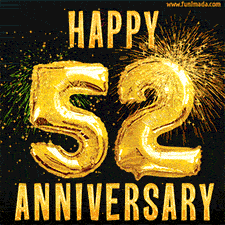 Bright golden balloons shaped like '52' with dazzling fireworks and 'Happy Anniversary' text shining on a black background.