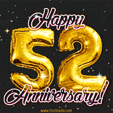 52' in golden balloon numbers and 'Happy Anniversary!' written in bold cursive, set on a shimmering starry black background.