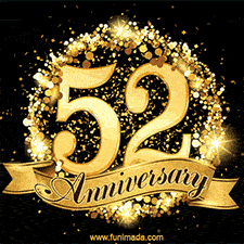Shimmering '52 Anniversary' in gold, encased in a radiant confetti circle with a golden ribbon accent at the bottom.