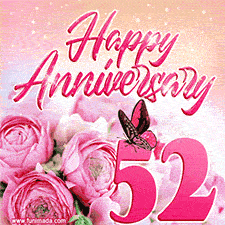 Pink peonies and butterfly adorn a 'Happy Anniversary 52' design, creating a warm and loving vibe for this milestone celebration.