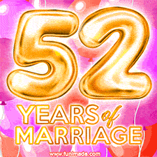 Bright '52 Years of Marriage' in shiny Bright letters, surrounded by colorful balloons on a cheerful and celebratory pink background.