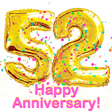 Sparkling gold balloons forming the number 52 with a burst of multicolored confetti and vibrant pink 'Happy Anniversary' text.