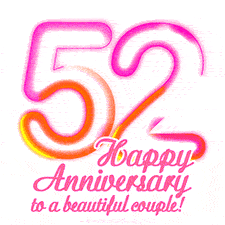 Stylish pink and yellow neon numbers '52' glowing brightly with a heartfelt 'Happy Anniversary to a beautiful couple!' written in pink cursive text.