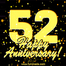 Large yellow '52' surrounded by shimmering gold stars and the celebratory message 'Happy Anniversary!' below in cursive.