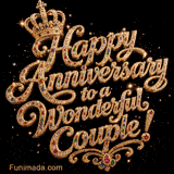 Elegant anniversary card showing jeweled gold lettering Happy Anniversary to a wonderful couple reflecting brilliant starburst sparkles on a dark backdrop.