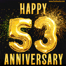 Bright golden balloons shaped like '53' with dazzling fireworks and 'Happy Anniversary' text shining on a black background.