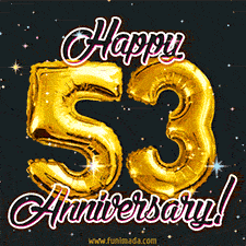 53' in golden balloon numbers and 'Happy Anniversary!' written in bold cursive, set on a shimmering starry black background.