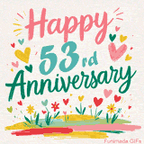 Vibrant animated greeting with pastel hearts and playful flowers under a bright 'Happy 53rd Anniversary' message.