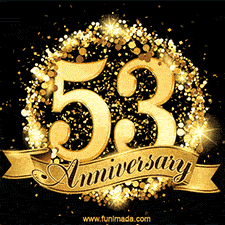 Shimmering '53 Anniversary' in gold, encased in a radiant confetti circle with a golden ribbon accent at the bottom.