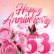 Pink peonies and butterfly adorn a 'Happy Anniversary 53' design, creating a warm and loving vibe for this milestone celebration.