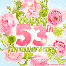 A gorgeous floral-themed 'Happy 53rd Anniversary' with pink roses and green blossoms, surrounded by soft pastel accents, bringing elegance and joy.