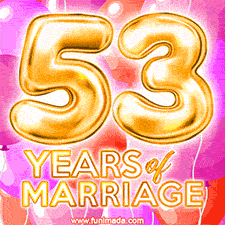Bright '53 Years of Marriage' in shiny Bright letters, surrounded by colorful balloons on a cheerful and celebratory pink background.