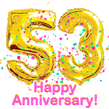 Sparkling gold balloons forming the number 53 with a burst of multicolored confetti and vibrant pink 'Happy Anniversary' text.