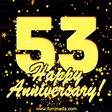 Large yellow '53' surrounded by shimmering gold stars and the celebratory message 'Happy Anniversary!' below in cursive.