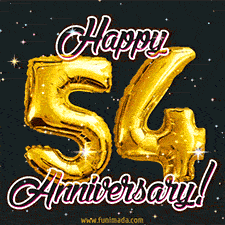 54' in golden balloon numbers and 'Happy Anniversary!' written in bold cursive, set on a shimmering starry black background.