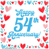 Animated 'Happy 54th Anniversary!' message in large blue text surrounded by a hand-drawn border of red, pink, and blue hearts on a white background.