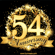 Shimmering '54 Anniversary' in gold, encased in a radiant confetti circle with a golden ribbon accent at the bottom.