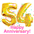 Happy Anniversary! Gold Number 54 Balloons and Confetti GIF.