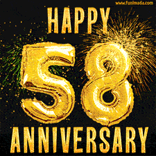 Bright golden balloons shaped like '58' with dazzling fireworks and 'Happy Anniversary' text shining on a black background.