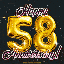 58' in golden balloon numbers and 'Happy Anniversary!' written in bold cursive, set on a shimmering starry black background.