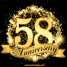 Shimmering '58 Anniversary' in gold, encased in a radiant confetti circle with a golden ribbon accent at the bottom.
