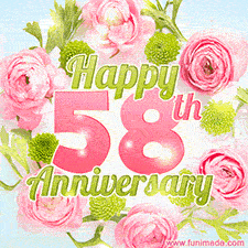A gorgeous floral-themed 'Happy 58th Anniversary' with pink roses and green blossoms, surrounded by soft pastel accents, bringing elegance and joy.