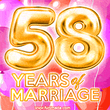 Bright '58 Years of Marriage' in shiny Bright letters, surrounded by colorful balloons on a cheerful and celebratory pink background.