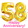 Happy Anniversary! Gold Number 58 Balloons and Confetti GIF.