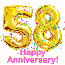 Sparkling gold balloons forming the number 58 with a burst of multicolored confetti and vibrant pink 'Happy Anniversary' text.