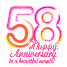 Stylish pink and yellow neon numbers '58' glowing brightly with a heartfelt 'Happy Anniversary to a beautiful couple!' written in pink cursive text.