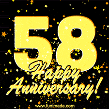 Large yellow '58' surrounded by shimmering gold stars and the celebratory message 'Happy Anniversary!' below in cursive.