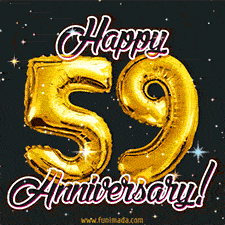 59' in golden balloon numbers and 'Happy Anniversary!' written in bold cursive, set on a shimmering starry black background.