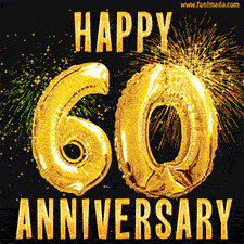 Bright golden balloons shaped like '60' with dazzling fireworks and 'Happy Anniversary' text shining on a black background.