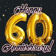 60' in golden balloon numbers and 'Happy Anniversary!' written in bold cursive, set on a shimmering starry black background.